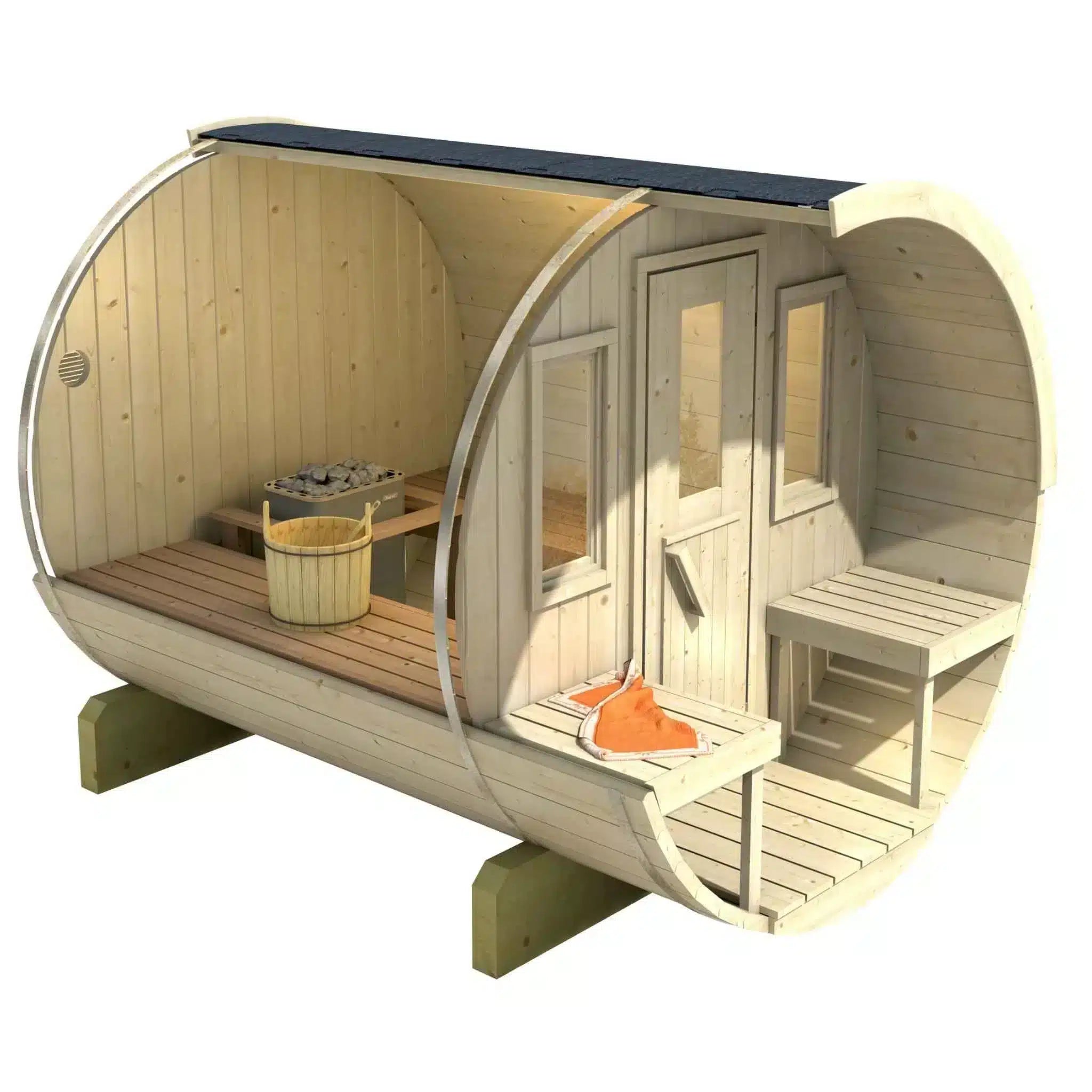 Ehala Nordisk 250 tønnesauna – 2,5 m med utvendig sittebenk
