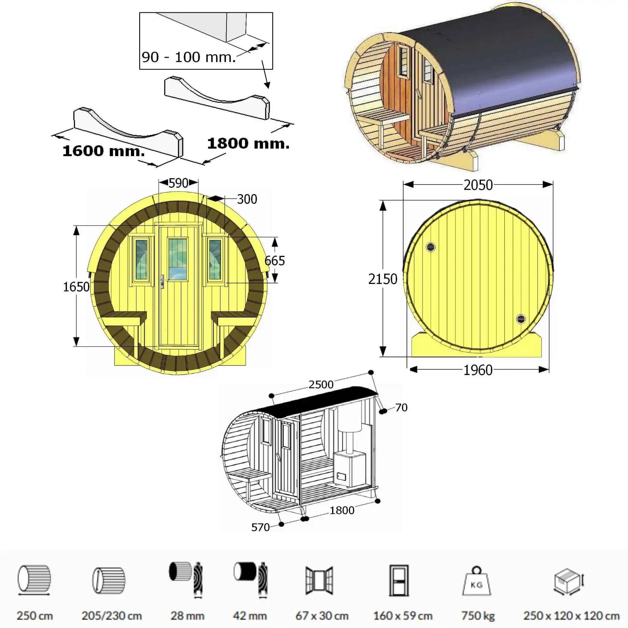 Ehala Nordisk 250 tønnesauna – 2,5 m med utvendig sittebenk