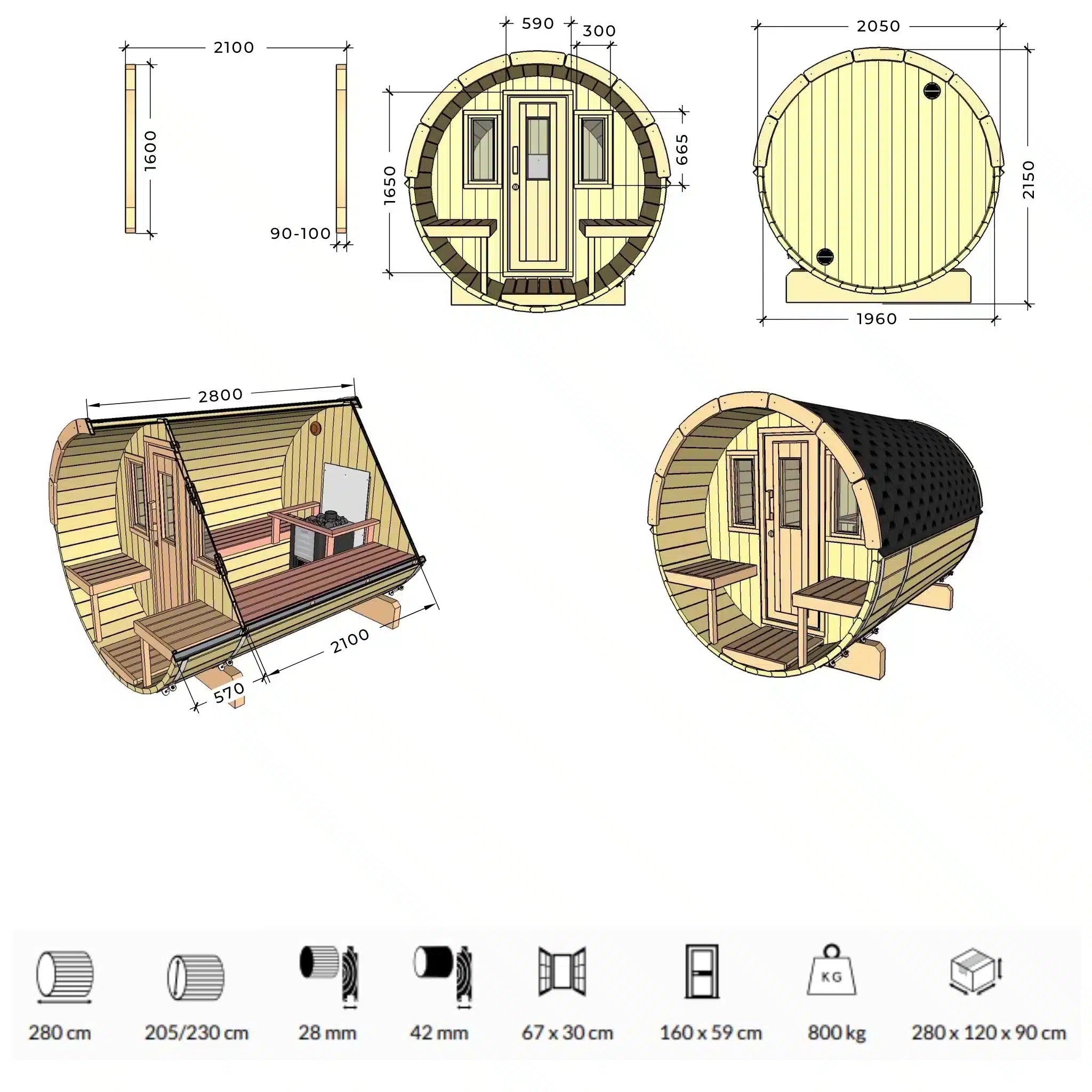Ehala Nordisk 280 tønnesauna – 2,8 m med utvendig sittebenk